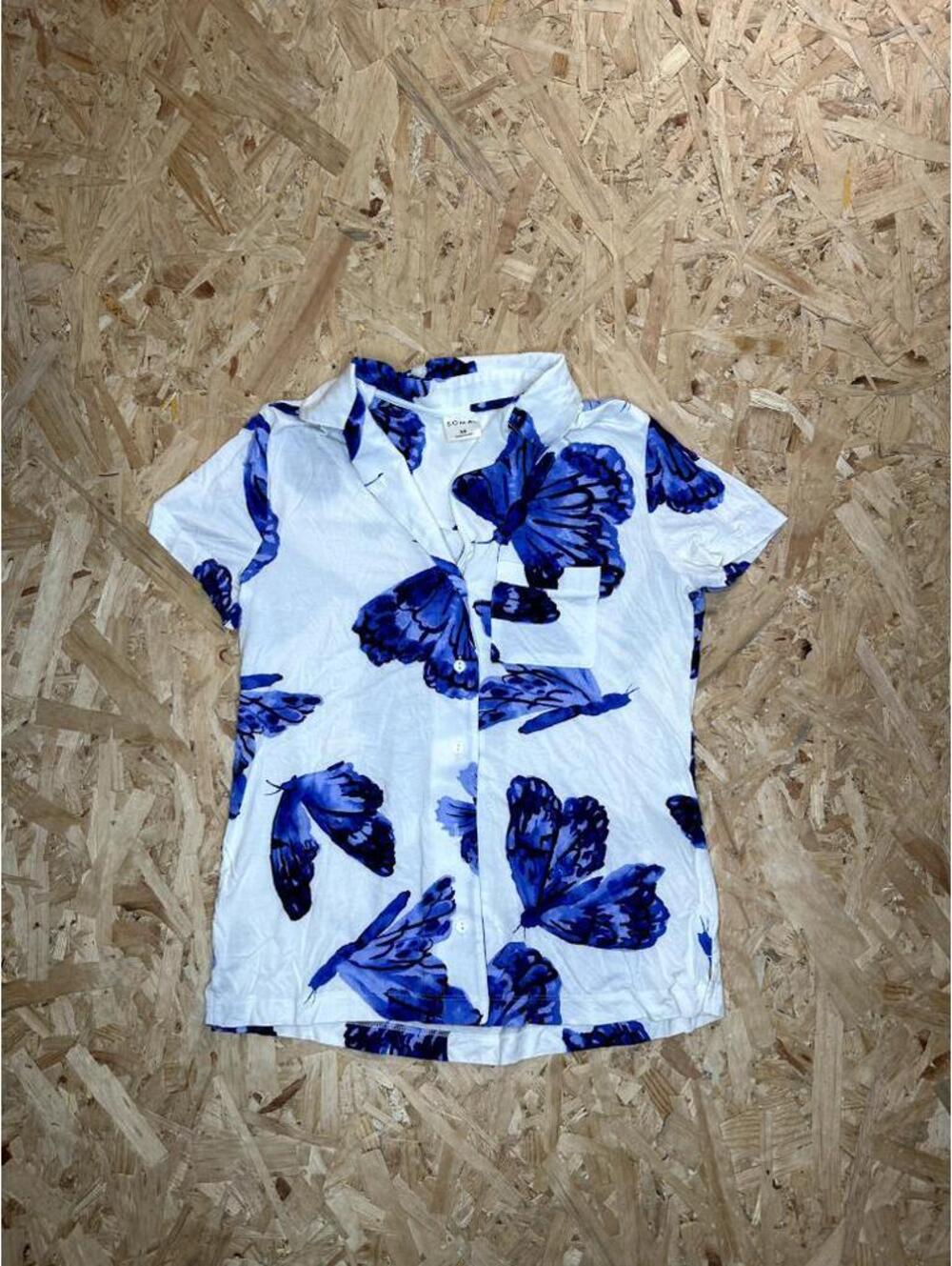 Soma Pajama Top Womens XS White Blue Butterfly Short Sleeve Button Up Sleep